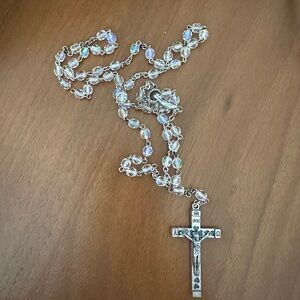 Silver Crucifix Rosary Necklace with Iridescent Beads